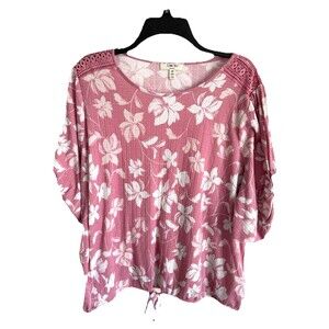 Como Blu Top Women 2X Pink Floral Rayon Lightweight 3/4 Sleeve Boho Feminine Tie